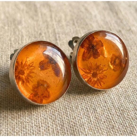 Vintage Mexico Sterling Silver Orange Resin Real Dried Flower Clip On Earrings - Picture 1 of 6